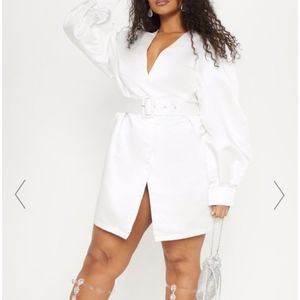 WHITE SATIN BALLOON SLEEVE BELTED SHIFT DRESS